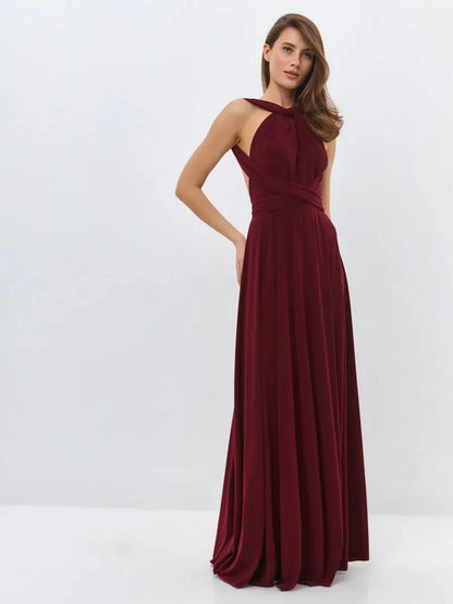 Elegant Bordeaux Muse Maxi Dress featuring a convertible silhouette and backless design, perfect for formal occasions.