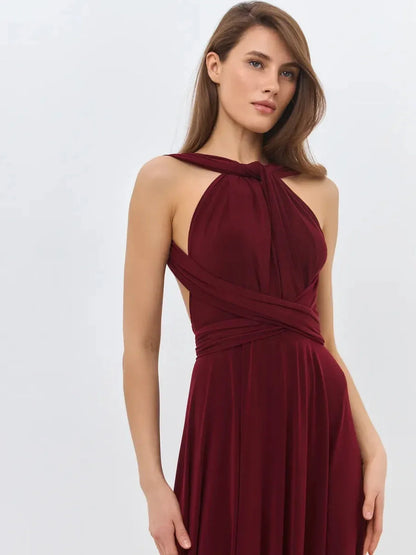 Elegant Bordeaux Muse maxi dress featuring a convertible silhouette and backless design, perfect for formal events.