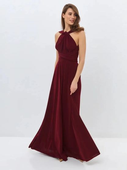 Elegant Bordeaux Muse Maxi Dress featuring a convertible silhouette and backless design, perfect for formal events.