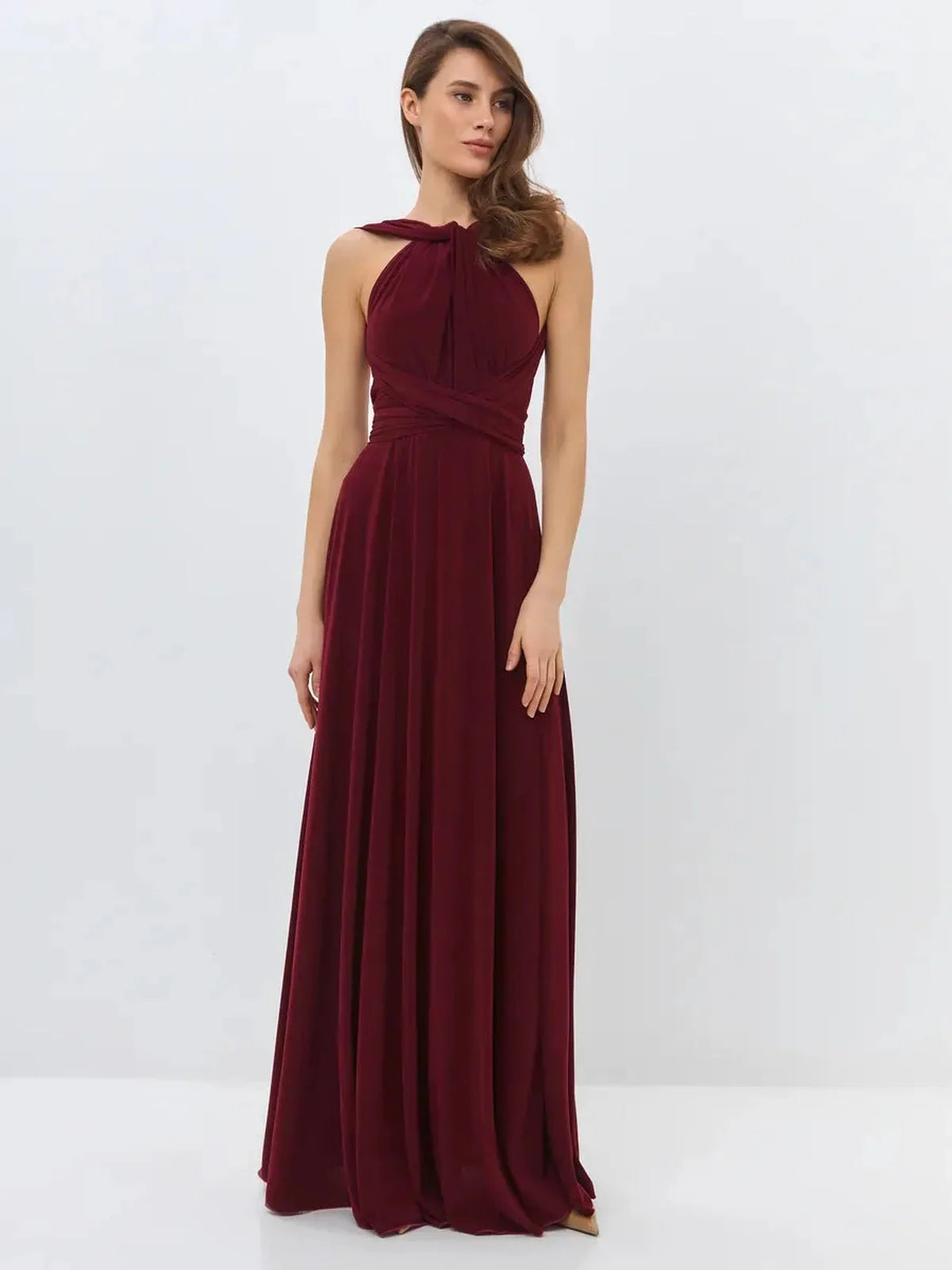 Maxi Dress Bordeaux Muse in deep wine hue, featuring a convertible silhouette and backless design, perfect for special occasions.