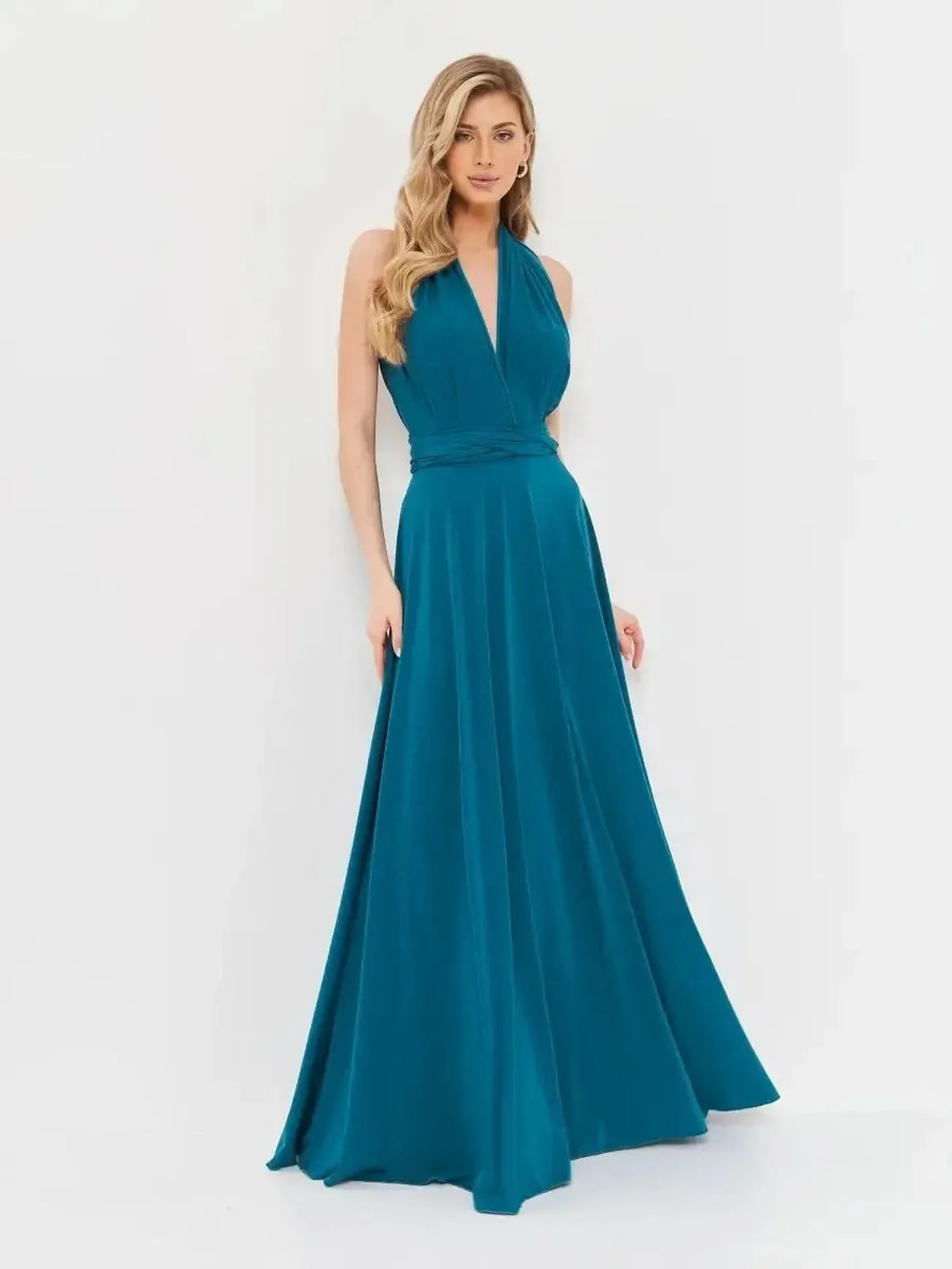 Elegant deep teal maxi dress with draped halter neckline and flowing skirt, perfect for events and customizable style.