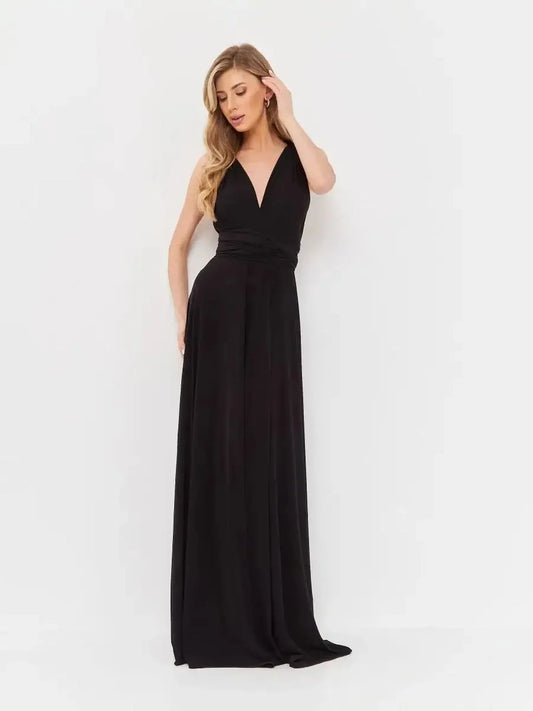 Elegant black maxi dress with a V-neckline and draped silhouette, perfect for formal events.