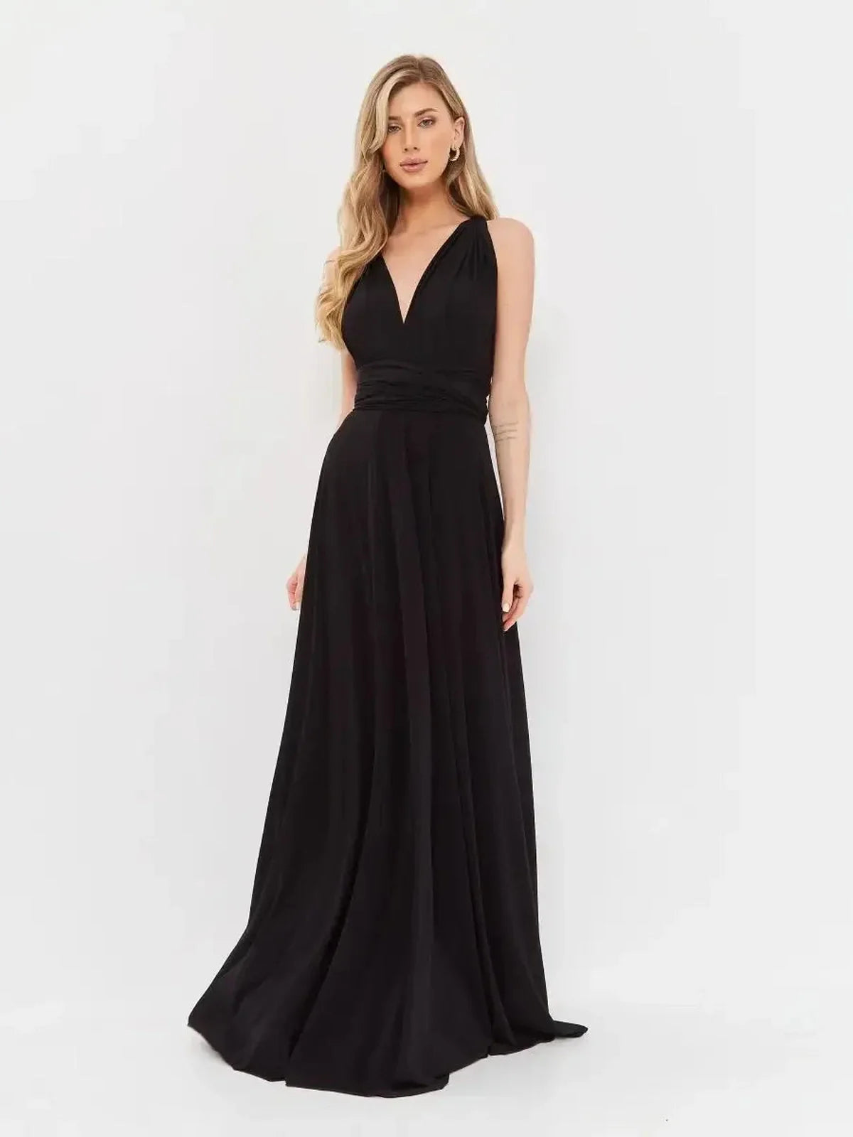 Elegant black maxi dress with V-neck and flowing silhouette, perfect for formal occasions and celebrations.