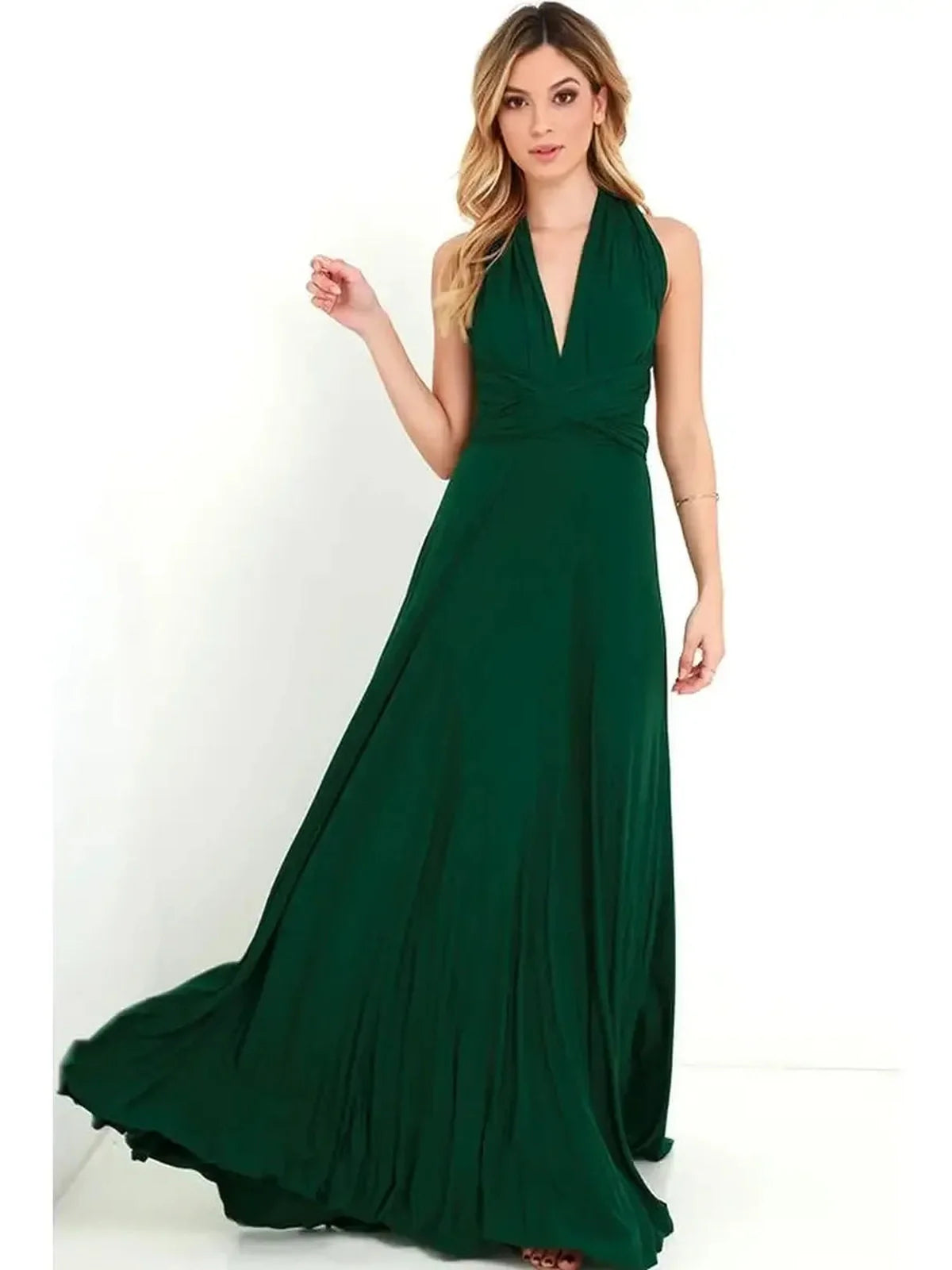 Maxi Dress Empress Drape in rich dark green, featuring a V-neck, flowing silhouette, and convertible straps for elegant styling.