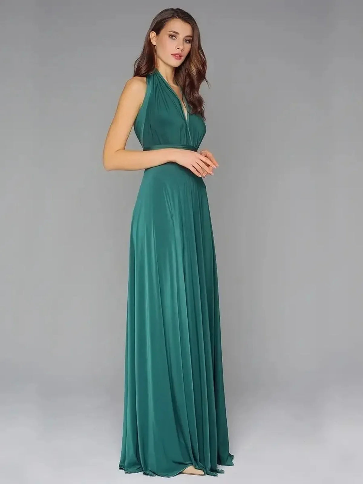 Maxi Dress Empress Drape in rich dark green, showcasing a flowing silhouette and convertible V-neck design.
