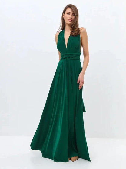 Maxi Dress Empress Drape in dark green, featuring a V-neck, flowing silhouette, and convertible design for elegant occasions.