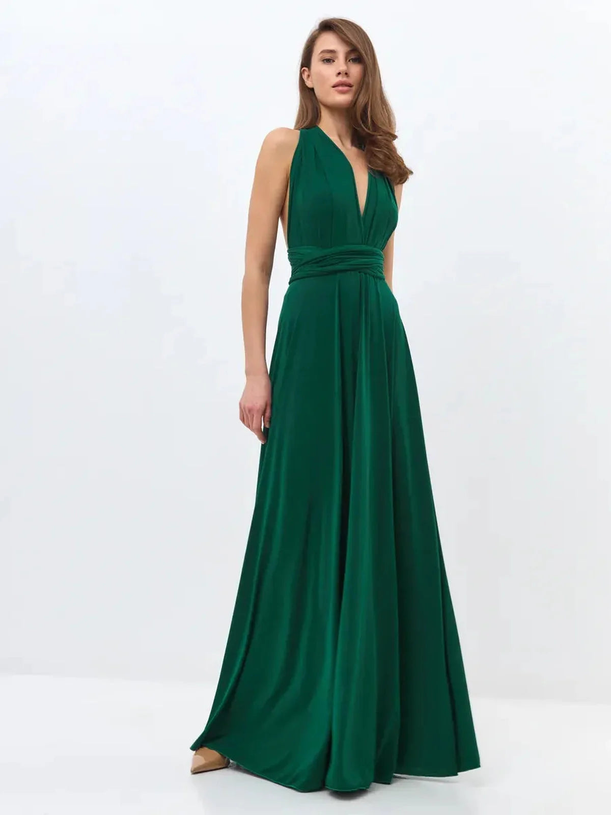 Maxi Dress Empress Drape in dark green, featuring a V-neck and flowing silhouette, perfect for formal events.
