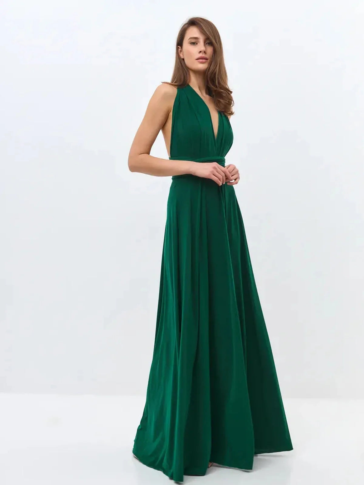 Maxi Dress Empress Drape in dark green, featuring a deep V-neck and flowing silhouette, perfect for formal events.