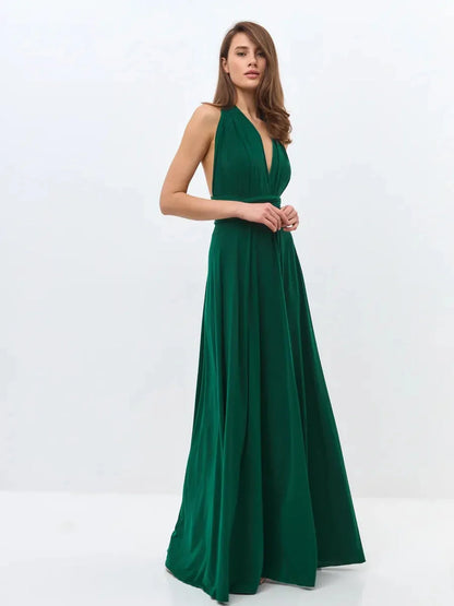 Maxi Dress Empress Drape in dark green, featuring a deep V-neck and flowing silhouette, perfect for formal events.