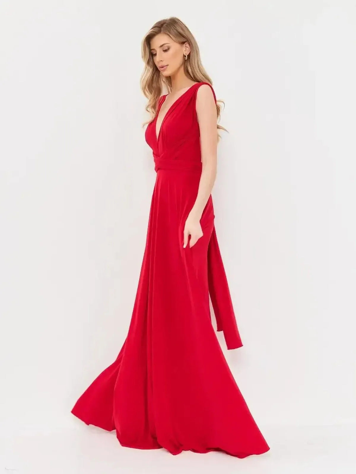 Elegant backless maxi dress in fire-red with V-neck and flowing silhouette, ideal for formal and glamorous occasions.