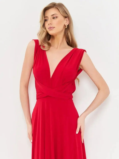 Maxi Dress Flame Muse in bold fire-red, featuring a V-neckline and elegant bow detail for versatile styling.