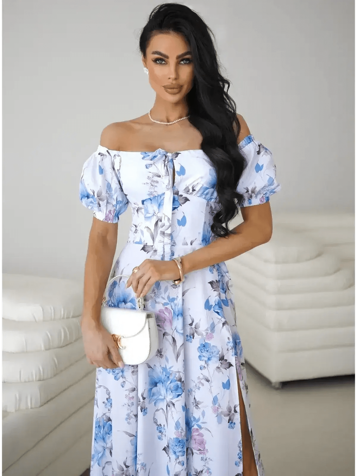 Maxi Dress Fleurienne: Off-shoulder floral dress with puff sleeves and thigh-high slit, perfect for elegant occasions.