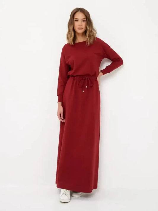 Stylish red maxi dress with long sleeves and drawstring waist, perfect for casual and formal occasions.