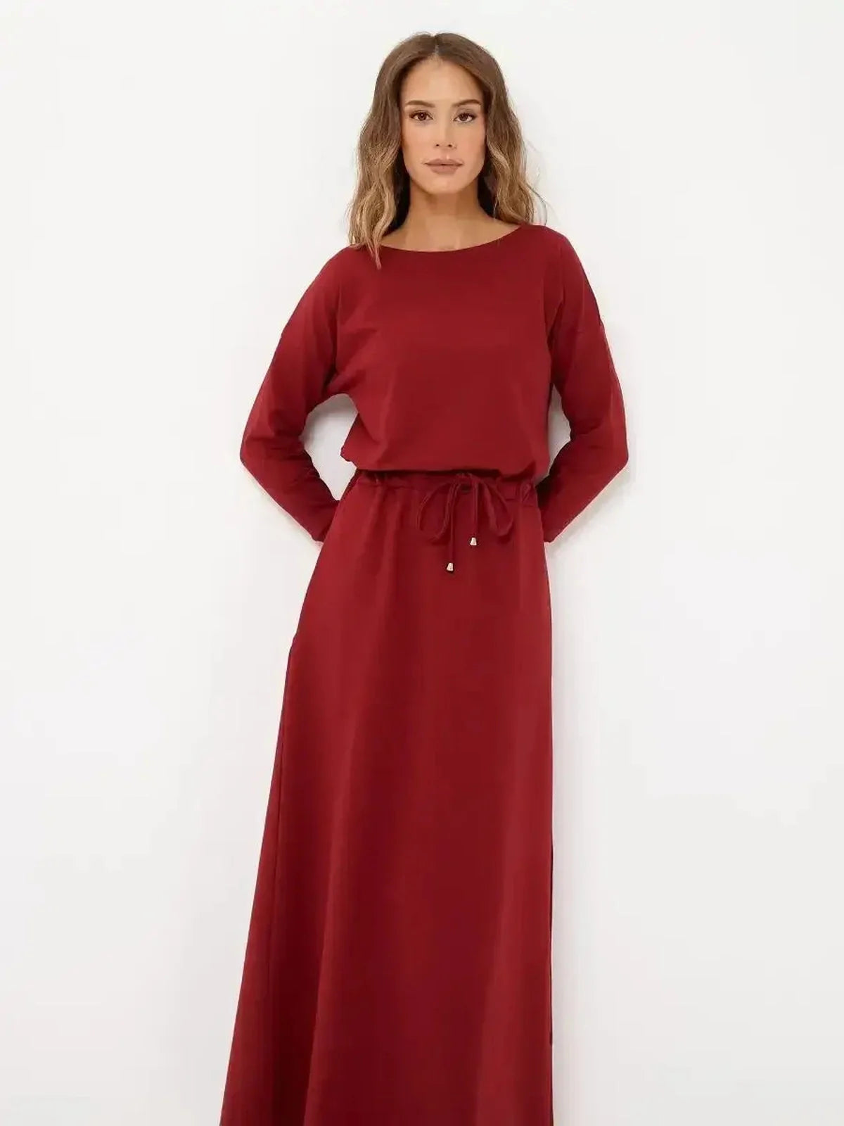 Maxi Dress Graceflow: Elegant red long sleeve dress with drawstring waist, perfect for weddings, graduations, and casual chic occasions.