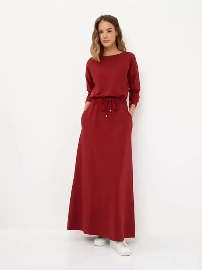 Elegant red maxi dress with long sleeves and drawstring waist, perfect for summer events and casual chic occasions.