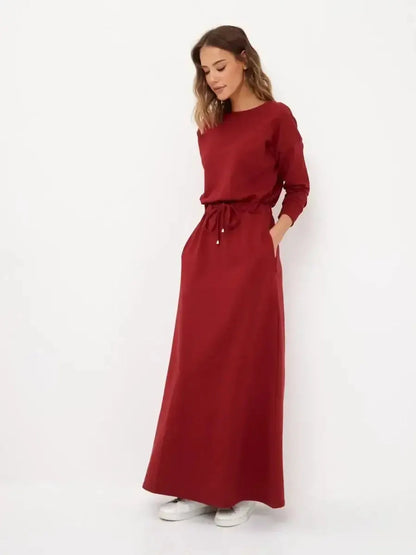 Red maxi dress Graceflow featuring long sleeves and a drawstring waist, ideal for weddings and casual occasions.