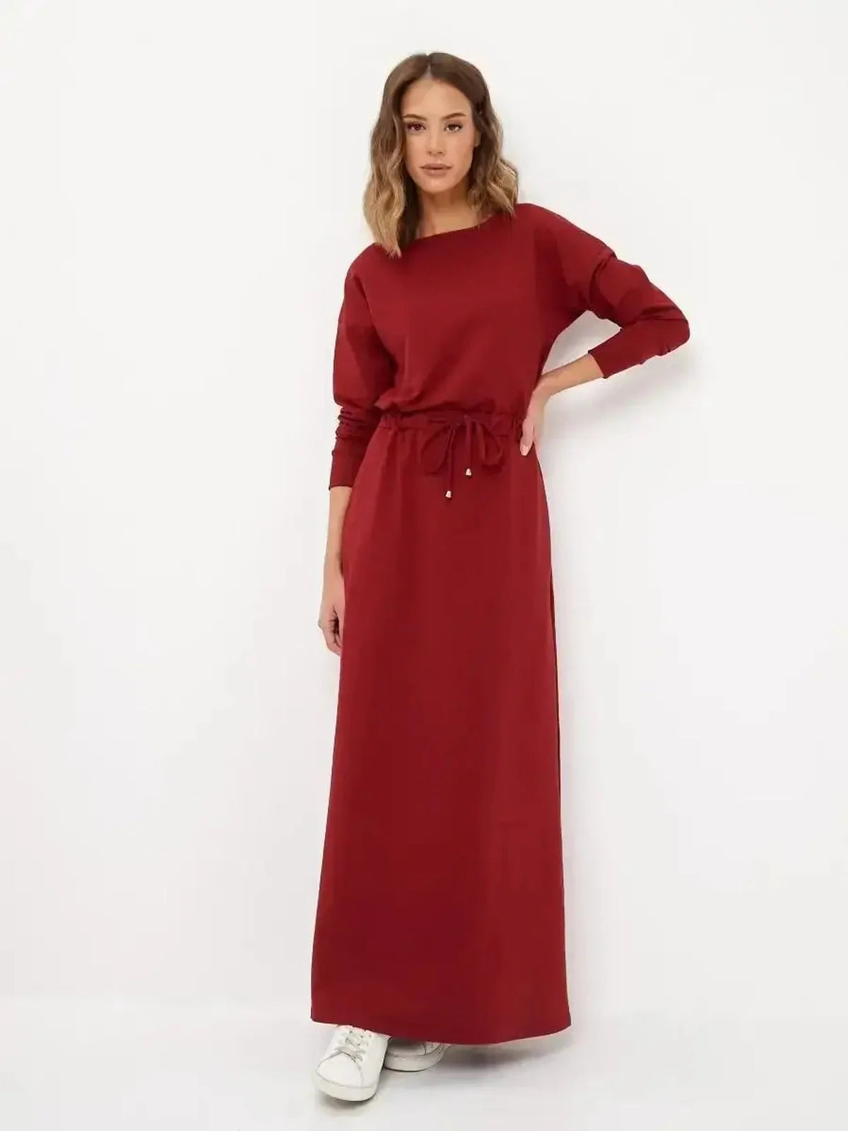 Red maxi dress with long sleeves and a drawstring waist, perfect for summer festivities and wedding guest attire.