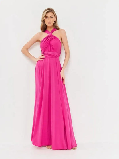 Maxi Dress Lush Twist in vibrant fuchsia with halter neckline and draped convertible style, perfect for elegant events.