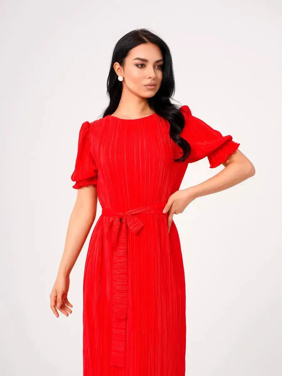 Elegant red maxi dress with pleats and puff sleeves, perfect for summer weddings and formal events.