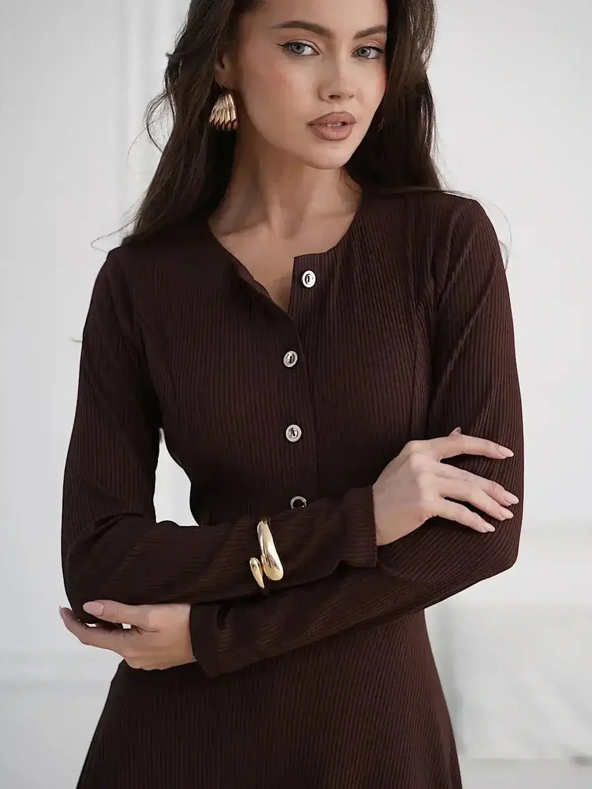 Elegant Midi Dress Noirette by Lauven featuring button detailing and a flattering fit-and-flare silhouette.