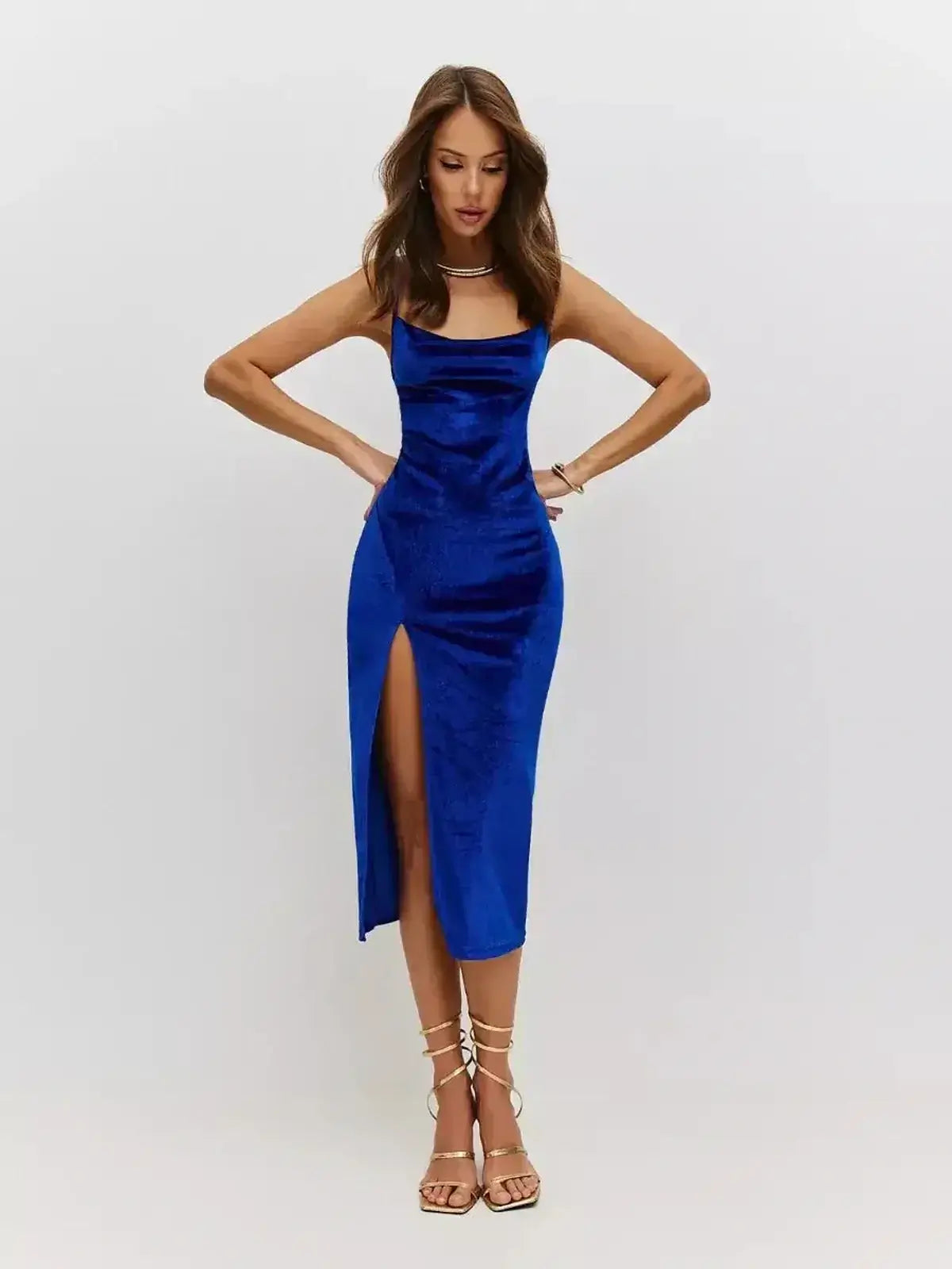 Midi Dress Royal Flame by Lauven in vibrant sapphire blue velvet, featuring a cowl neckline and striking thigh-high slit.