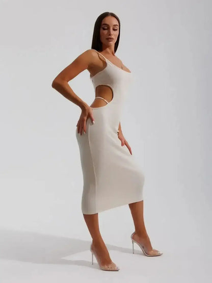 Midi Dress Seraphine by Lauven, showcasing sculpted elegance with side cutouts and a bodycon fit in beige ribbed knit.