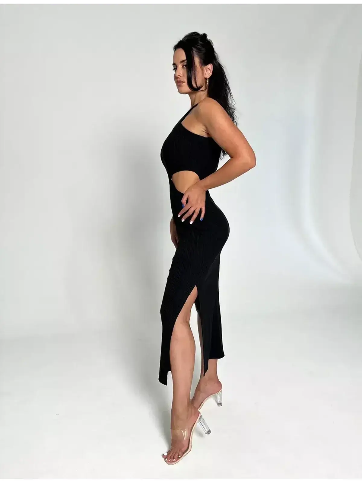 Midnight Allure Midi Dress, showcasing sculpted elegance with a cutout waist and stylish side slit.