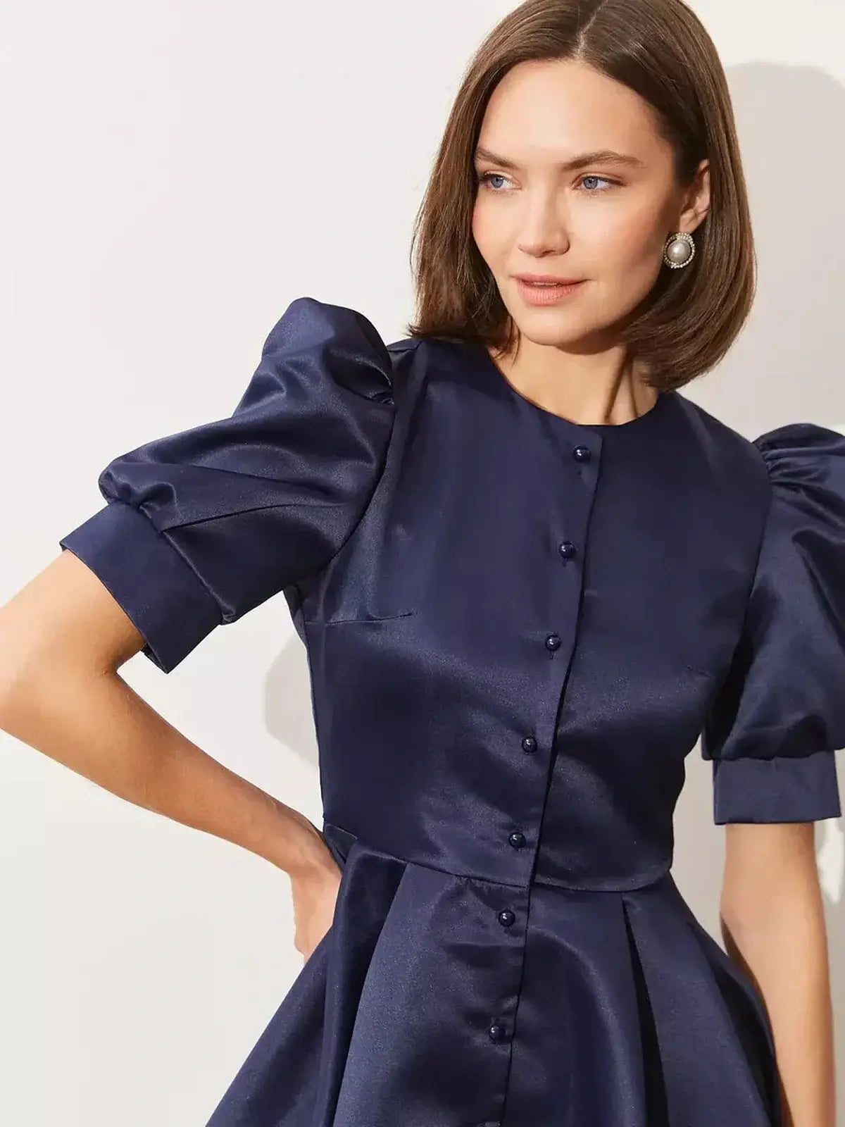 Elegant Midnight Bloom Mini Dress in satin with puff sleeves, perfect for events like weddings and proms.