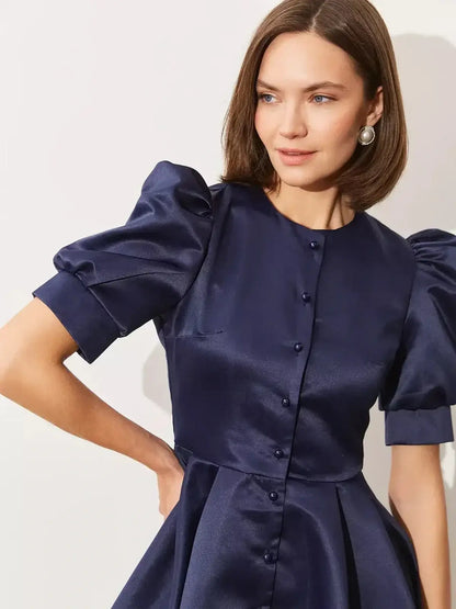 Elegant Midnight Bloom Mini Dress in satin with puff sleeves, perfect for events like weddings and proms.