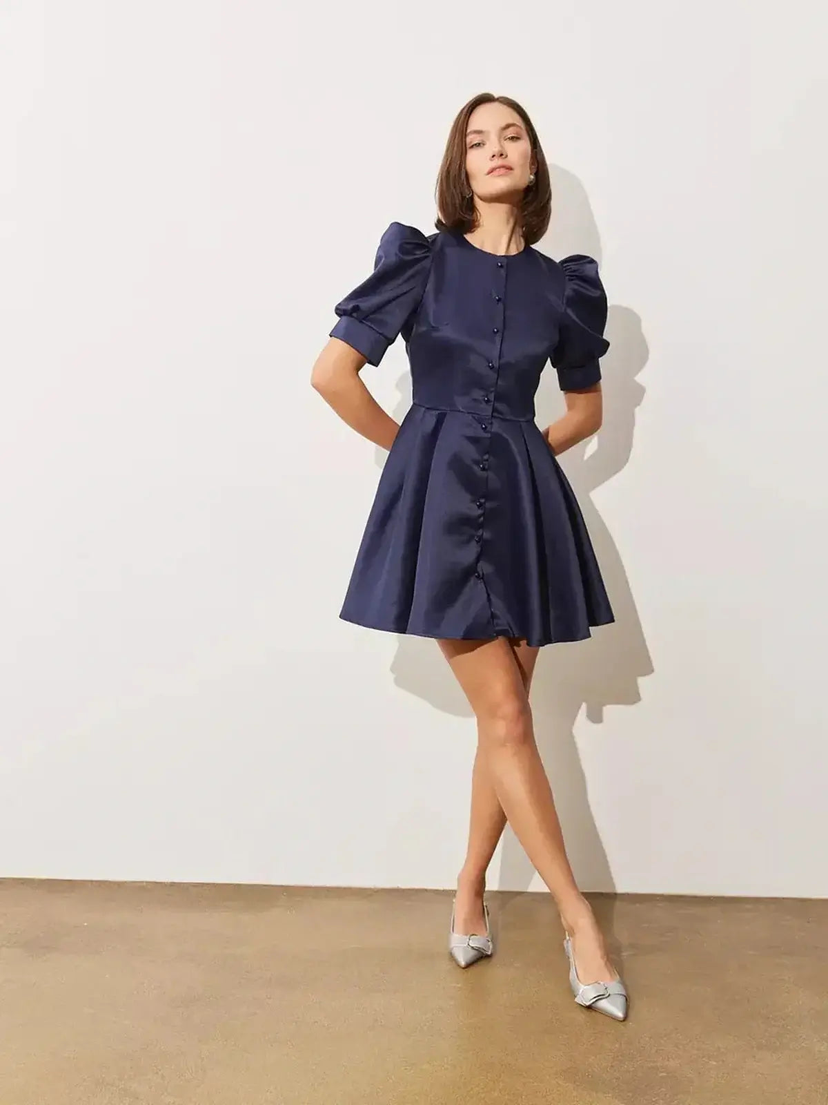 Elegant Midnight Bloom mini dress with puff sleeves and satin finish, perfect for weddings, proms, and formal events.