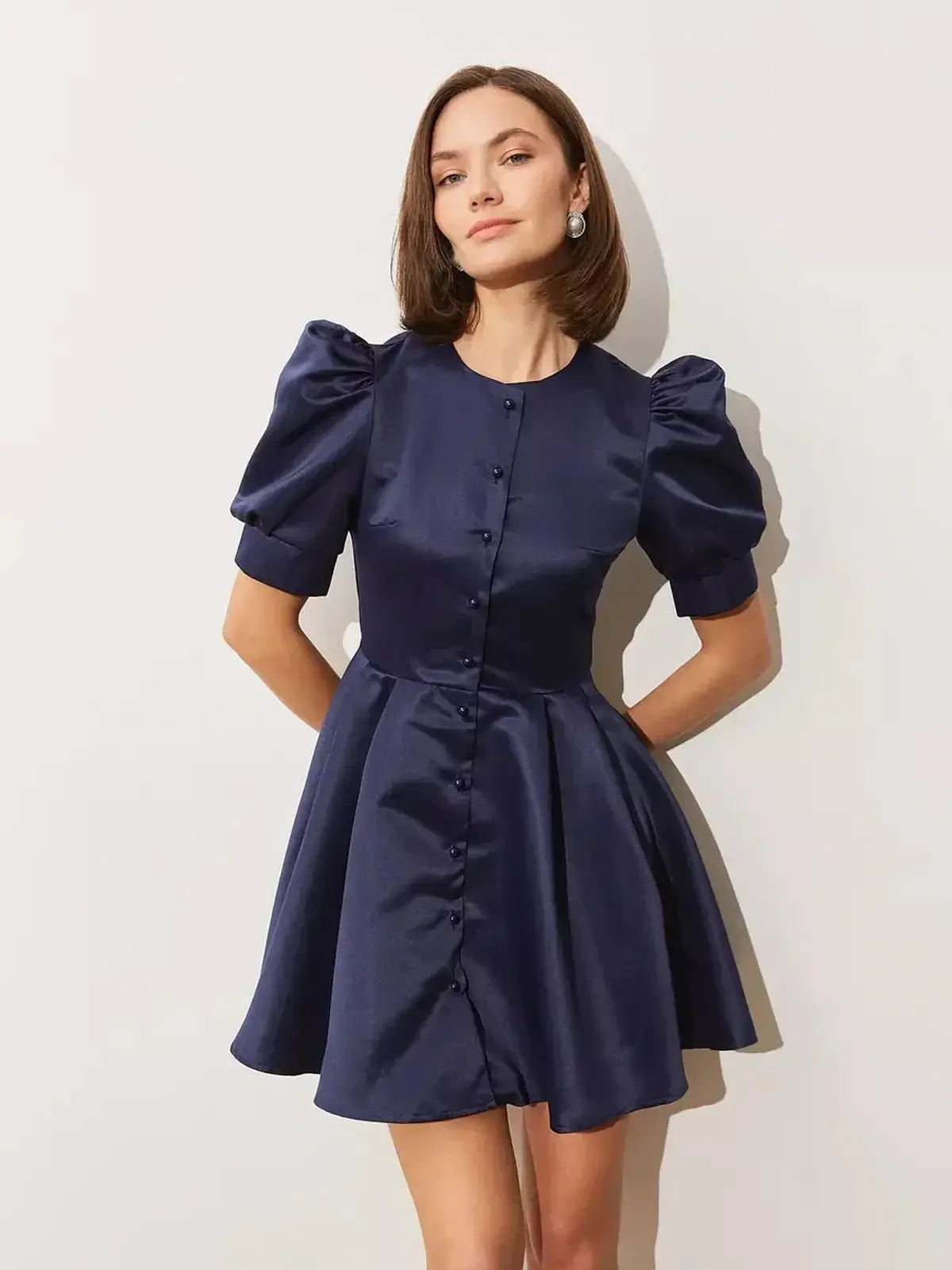 Midnight Bloom Mini Dress with puff sleeves in satin finish, perfect for weddings, proms, or formal occasions.
