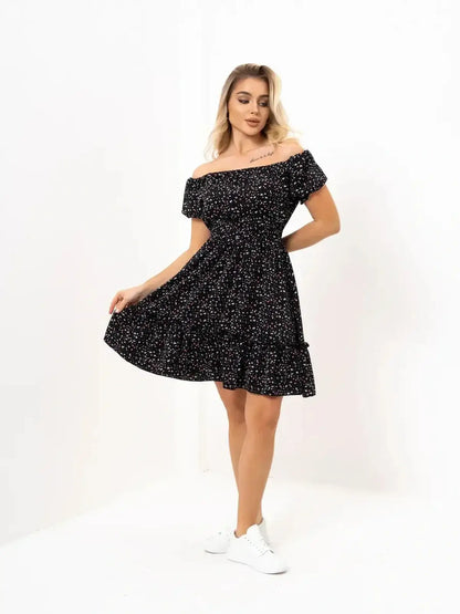 Off-shoulder black dress with floral print, perfect for summer weddings, proms, and casual outings.