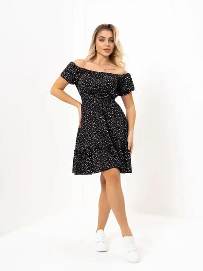 Off-shoulder black floral dress for women, perfect for summer events like weddings and graduations.