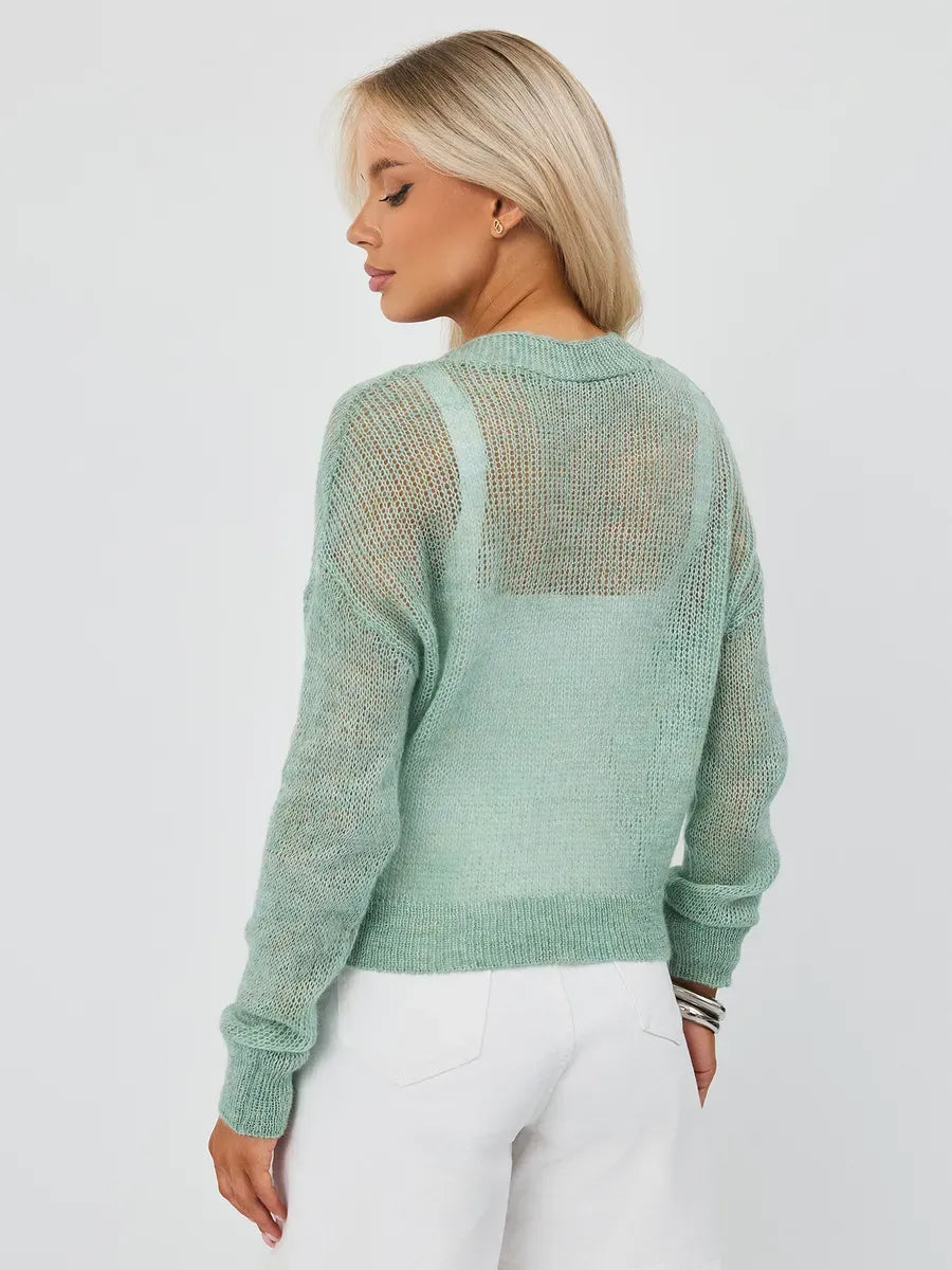 Mint Cardigan by Lauven, oversized mohair-blend knitwear in soft green, showcasing a semi-transparent texture and stylish back view.