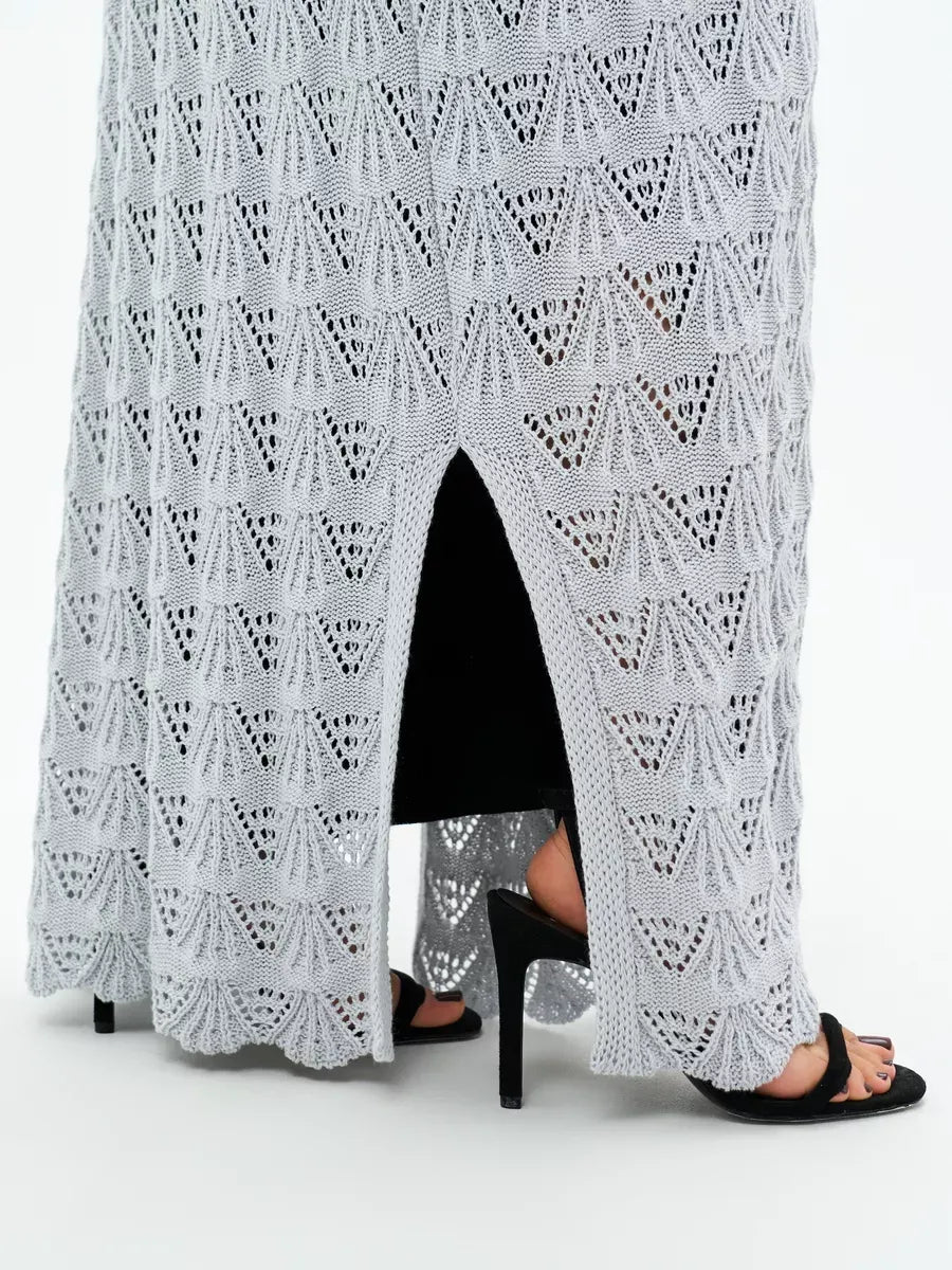 Mist Cardigan by Lauven – Lightweight openwork summer cardigan showcasing intricate lace patterns and light gray color.