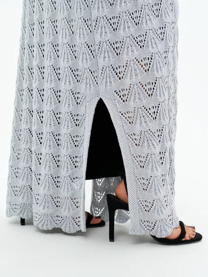 Mist Cardigan by Lauven – Lightweight openwork summer cardigan showcasing intricate lace patterns and light gray color.