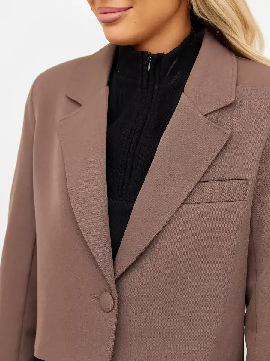 Mocha Blazer by Lauven in rich brown, showcasing an oversized cropped tailored design for a chic look.