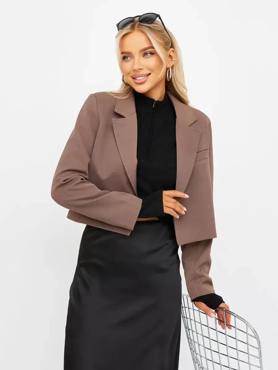 Mocha Blazer by Lauven worn by a model, featuring an oversized cropped design in rich brown.