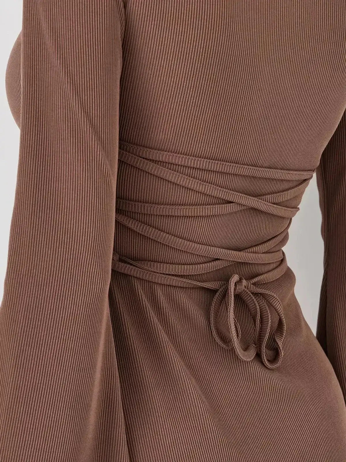 Mocha Flare mini dress by Lauven featuring a stylish waist tie and long bell sleeves in rich coffee tone.