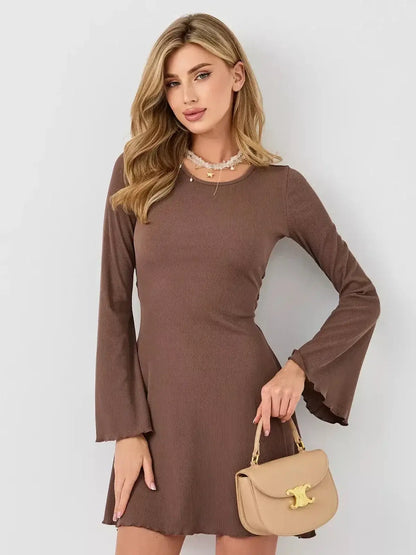 Mocha Flare mini dress by Lauven featuring bell sleeves and U-neckline in rich coffee tone.