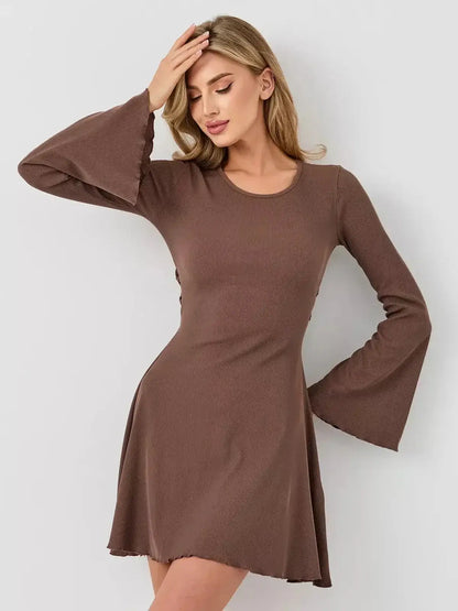 Mocha Flare mini dress by Lauven featuring a rich coffee tone and stylish bell sleeves.