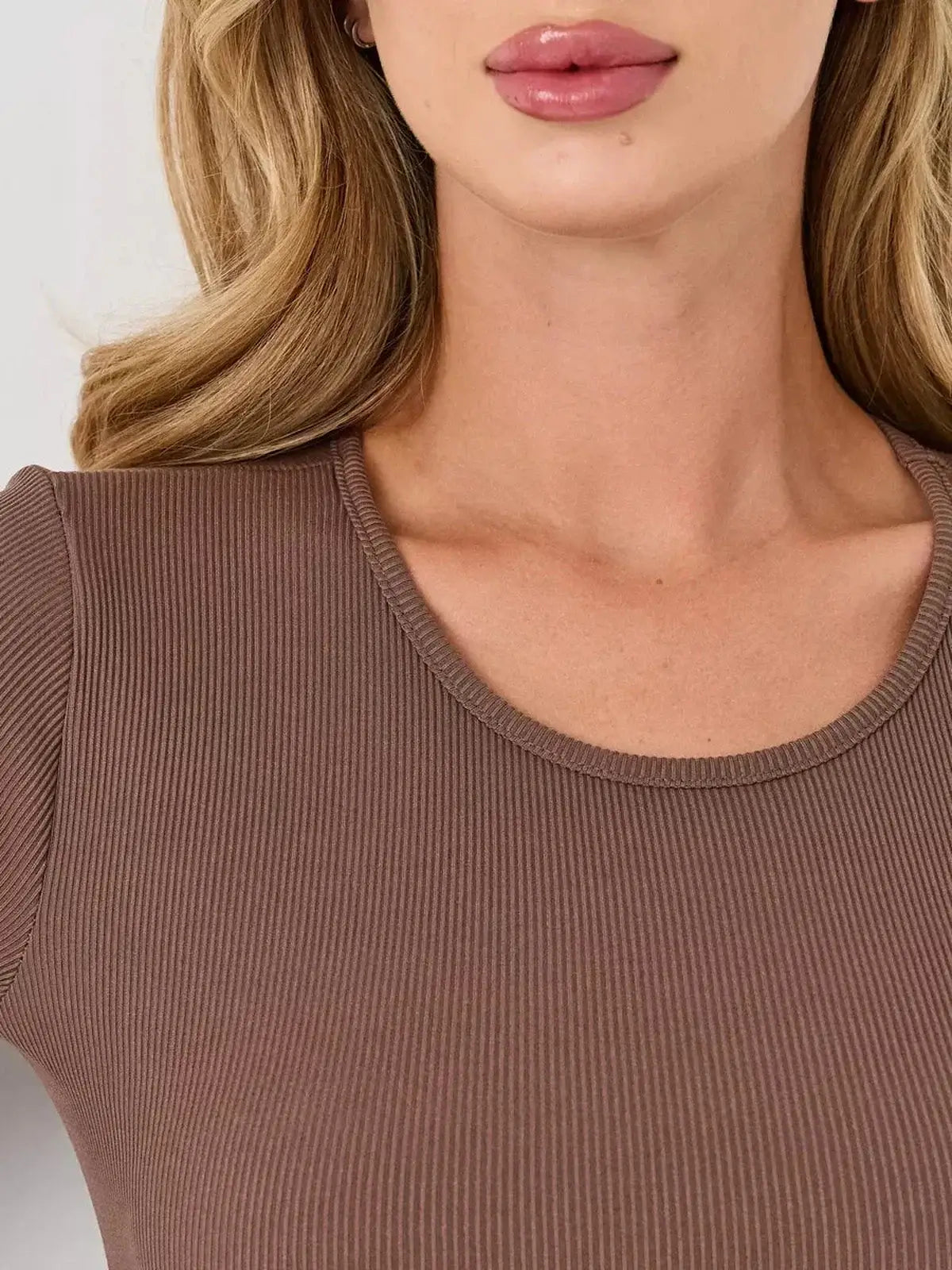 Mocha Flare mini dress by Lauven featuring a U-neckline and rich coffee tone fabric.