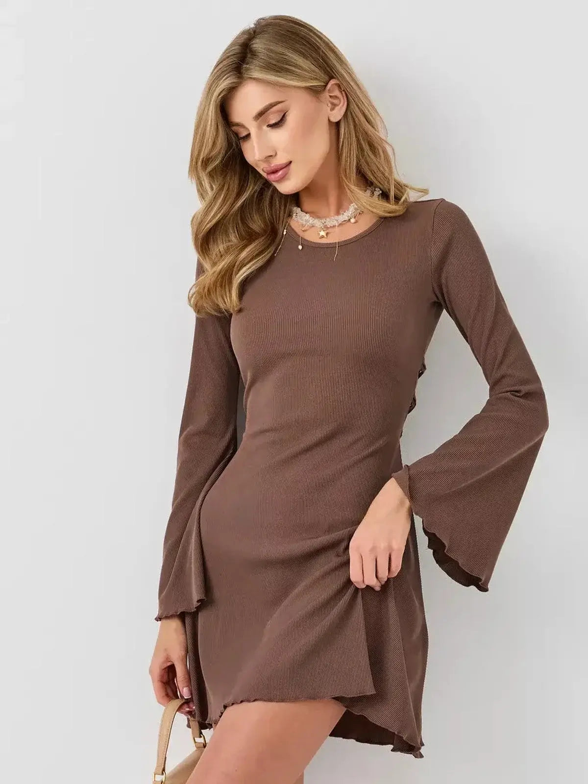 Mocha Flare mini dress by Lauven featuring bell sleeves and a U-neckline in a rich coffee tone.