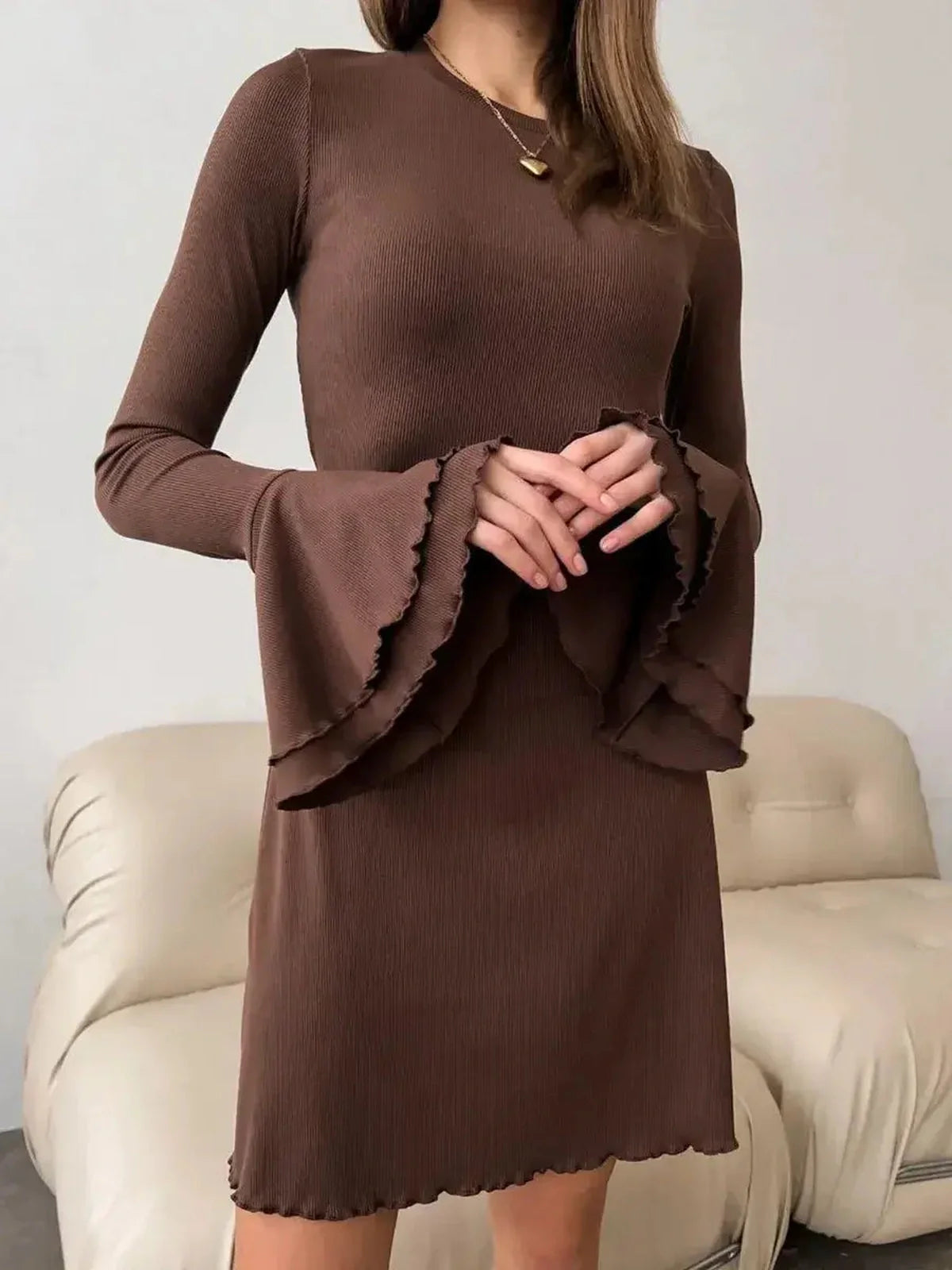Mocha Flare Mini long sleeve dress featuring flounced bell sleeves, perfect for weddings, proms, and formal occasions.