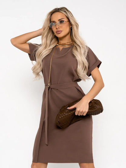 Sleek mocha mini dress with short sleeves and a fitted silhouette, perfect for summer events and casual occasions.