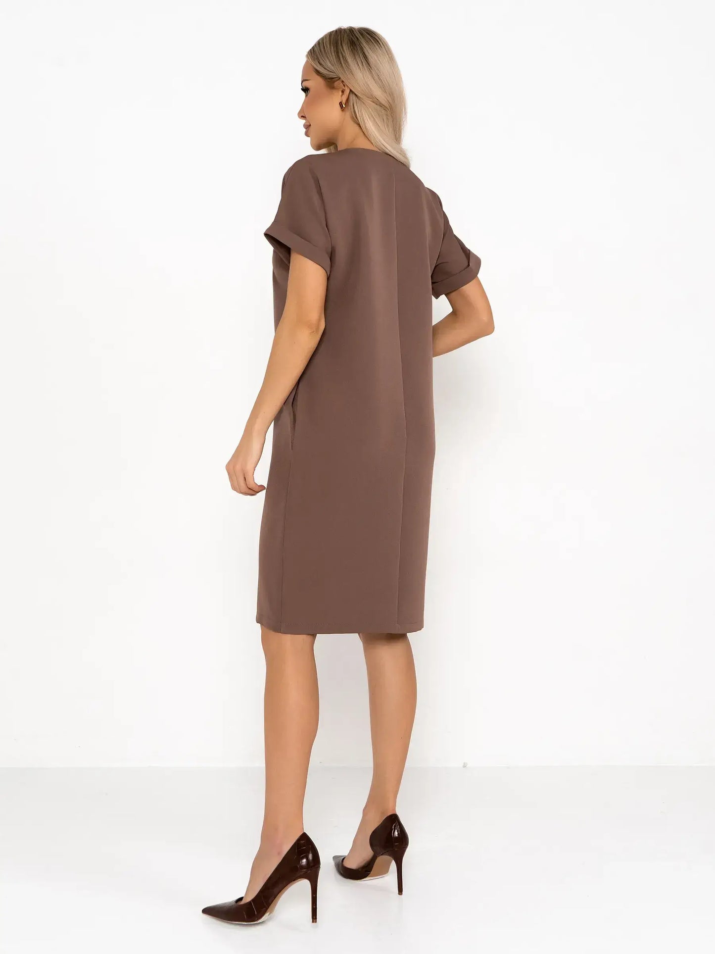 Back view of a sleek mocha mini dress with short sleeves, perfect for summer and formal occasions.