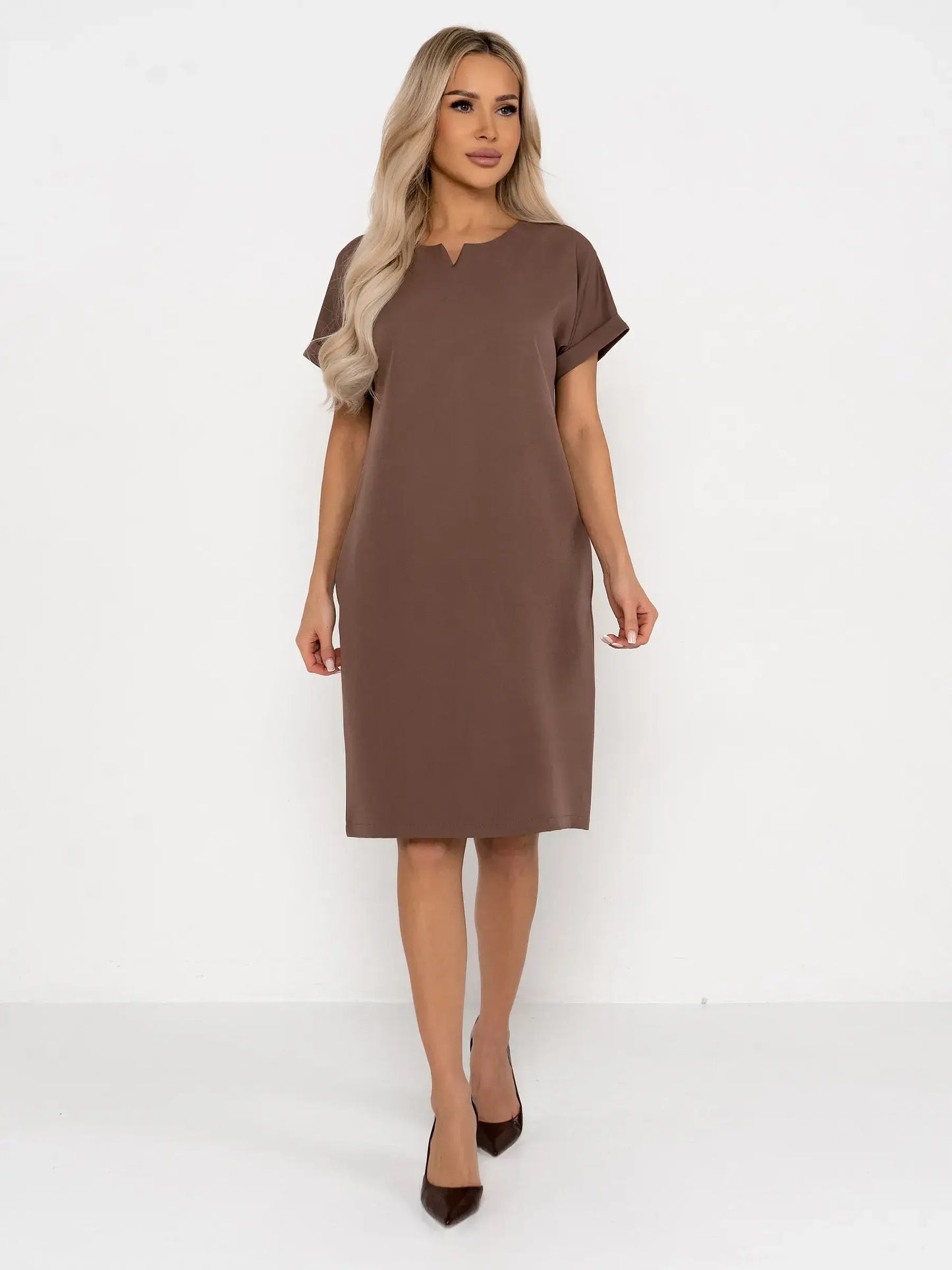 Mocha Frame mini dress in rich taupe, featuring a clean neckline and removable belt, perfect for summer and formal occasions.