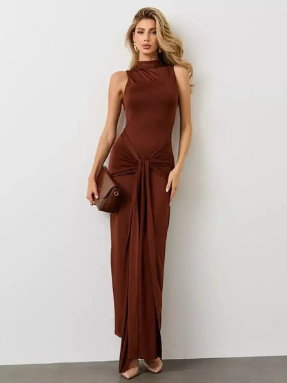Mocha Muse Maxi Dress by Lauven featuring a sculptural fit, draped elegance, and a warm earthy tone.