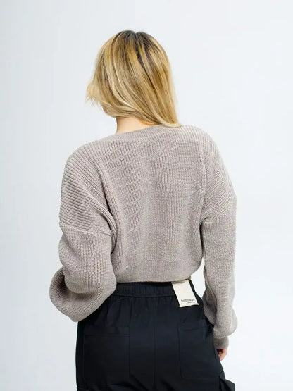 Mocha Pullover by Lauven, lightweight knit in soft coffee tone, showcasing the back view and oversized fit.