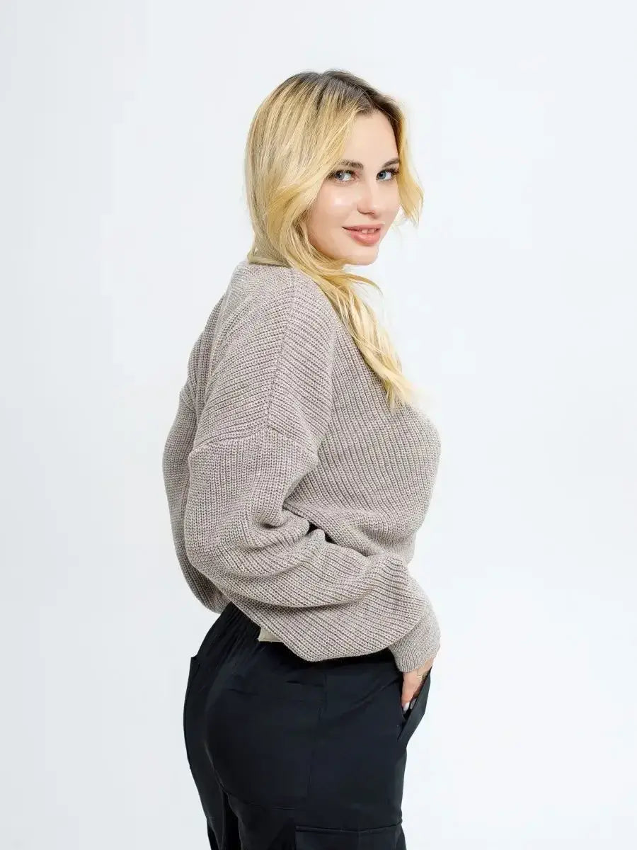 Mocha Pullover by Lauven showcased on a model, featuring a lightweight knit and oversized cropped design.